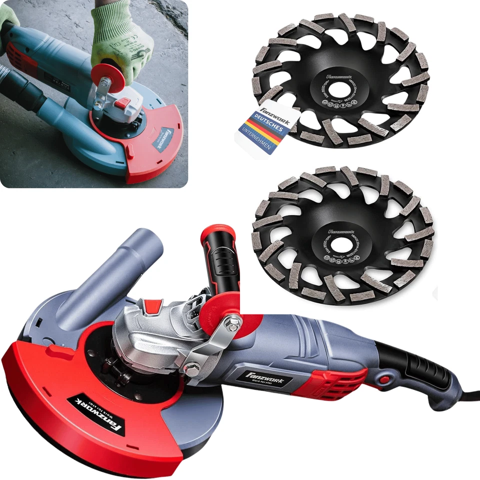 FANZWORK Betonschleifer Sanierungsfräse Winkelschleifer mit 2 x 180mm Diamantschleiftopf