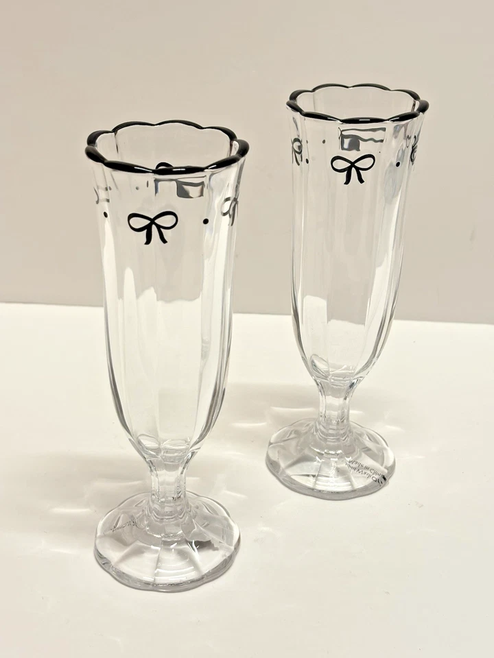 Set of 2- Anthropologie Dupe Croquette Black Bow Short Stem Flutes 8" NEW! - Изображение 2 из 4
