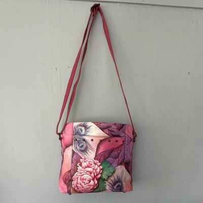 Anuschka Women s Pink Floral Crossbody Bag Zip Closure Inner/Outer Pockets