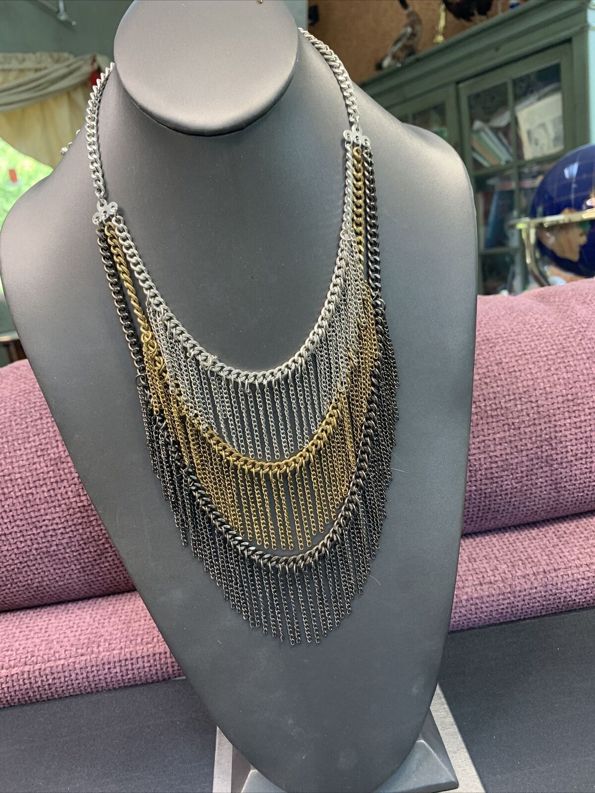 Vintage BoHo Dangle Chain statement necklace silv… - image 2