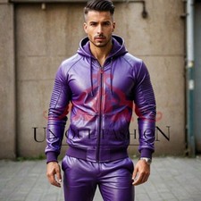 Mens Genuine Soft Leather Jogging Walking Tracksuit Jacket Trousers With Hoodie