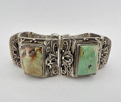 Ancien bracelet chinois export argent turquoise panneau floral lien filigrane 68 g - Photo 1/7