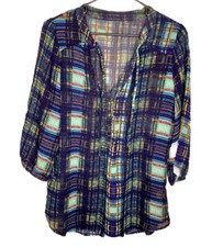 Princess by Vera Wang Windowpane Plaid Green Tie Neck Blouse Woman’s Size Medium