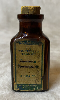 Vintage Burrough Bros. Pharmacy Compressed Tablets 3 Grains Cork Amber Bottle