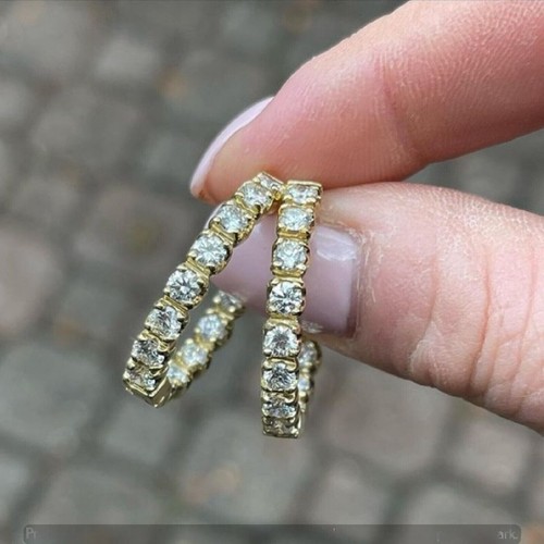 2Ct Round Real Moissanite Woman's Hoop Huggie Earrings 14K Yellow Gold Plated