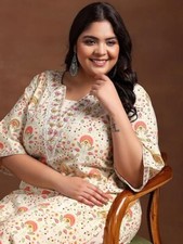 Women Plus Size Floral Printed Kurta with Salwar, Designer Indian Cotton Dress