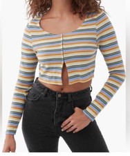 O Neill Raissa Stripe Long Sleeve Cotton Crop Top Size Large Retail 45.00 NWT