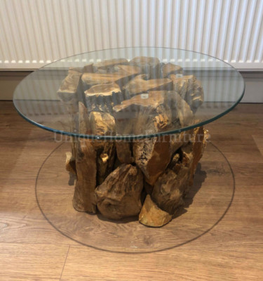 Teak Wurzel Couchtisch rustikal Massivholz Vintage Beistellmöbel rund Glas