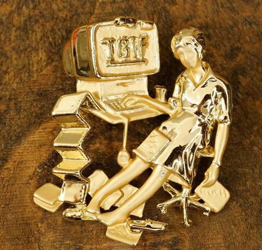 Vintage Costume Jewelry Gold Tone DANECRAFT TGIF Woman at Computer Brooch  Pin