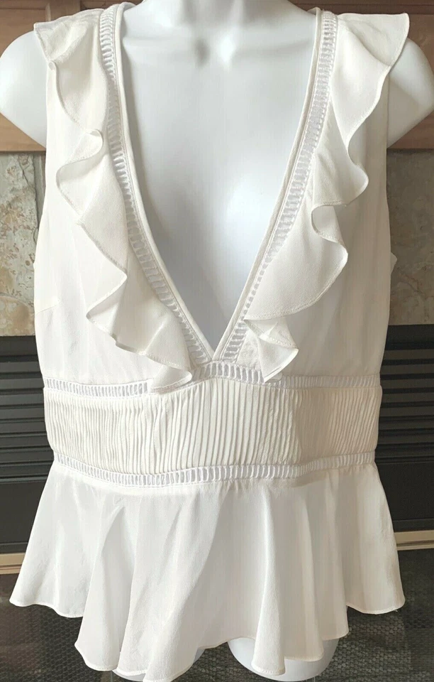 ZAC ZAC POSEN SILK WHITE SLEEVELESS BLOUSE RUFFLE V-NECK SZ US 6 NWT - Image 4 of 4