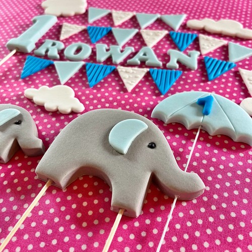 Edible BABY ELEPHANT UMBRELLA or balloon Name Age Clouds Bunting Cake Topper - Picture 6 of 12