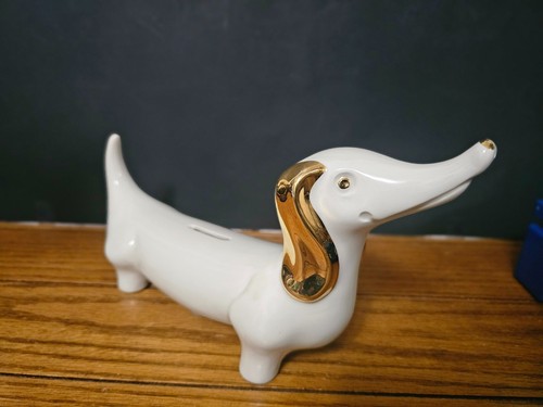SWEET PORCELAIN DACHSHUND COIN BANK/PIGGY BANK GOLD TRIMED