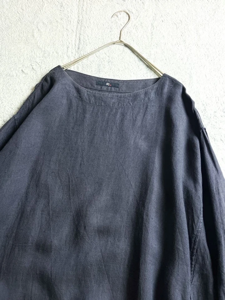 45R Indigo Linen Oxford Dress Long Sleeve Japan Boat Neck Size 0 Flare Rare - Image 4 of 4