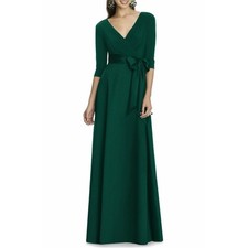 NEW Alfred Sung Jersey Sz 18 Mikado V Neck 3/4 Sleeve A-Line Gown Hunter Green