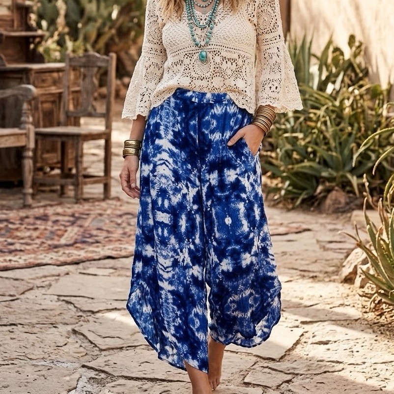 Garage Blue White Tie Dye Wide Leg Pants Size 12 AU / 8 US Viscose Boho Resort