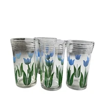 Swanky Swigs Juice Glasses, Blue Tulips 3.75" Tall, Set of 4