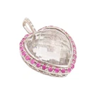 925 Sterling Silver Vintage Pendant Heart Cut Quartz Halo Ruby Diamonds  PT22747