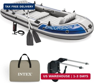 Intex Excursion 5 Person Inflatable Outdoor Fishing Raft Boat Set with 2 Aluminu