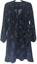 French Connection Navy Blue Bird Print Midi Dress Women's Size 10 Long Sleeve 