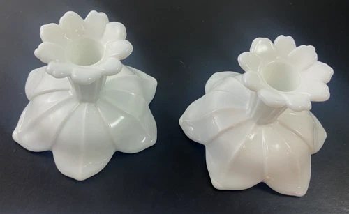 VTG Westmoreland Milk Glass Lotus Flower Candlesticks Reversible Pedestal Set 2