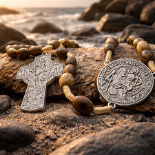 Handmade Jacobean Oak and Stainless Steel Catholic St Christopher Rosary Beads