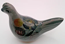 Tonala Mexican Folk Art Pottery Hen Chicken Bird Glossy Grey Floral Design