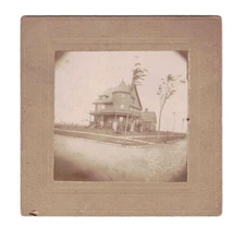 Antique Cabinet Card Photo Large Victorian Shingle House with Turret, Garage