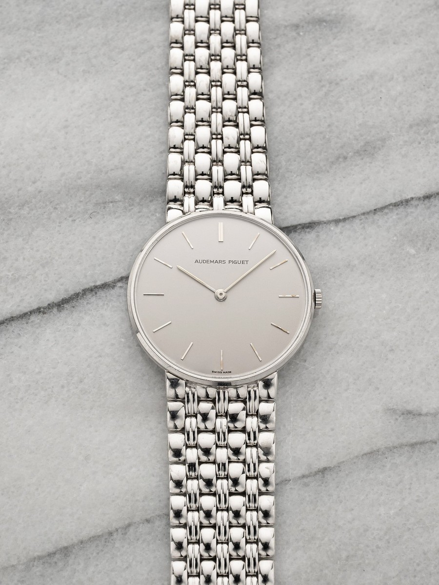 Vintage 1980s Audemars Piguet Ultra Thin 18K White Gold Grey Dial