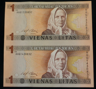 Lithuania 2 x Uncirculated Uncut 1 Litas Banknotes 1994. Pick # 53.