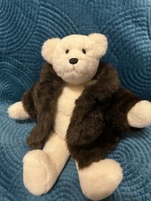 Vintage White Teddy Bear - Fully Jointed Wearing Brown Faux Fur Coat - 17  NICE