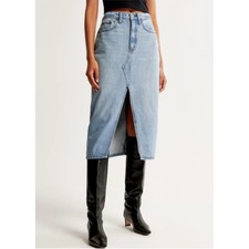 ABERCROMBIE FITCH High Rise Denim Front Slit Midi Skirt Light Wash Sz 34 NWT