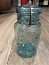 Vintage Ball Ideal Blue Glass Lid Wire Top July 14 1908 Quart Mason Jar