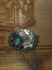 Vintage German Silver Turquoise Coral Flying Eagle Edition Belt Buckle C.1970s