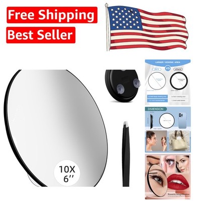 Deluxe 6'' Round 10x Magnifying Mirror with Wall Mount & Slanted Tweezers - Black
