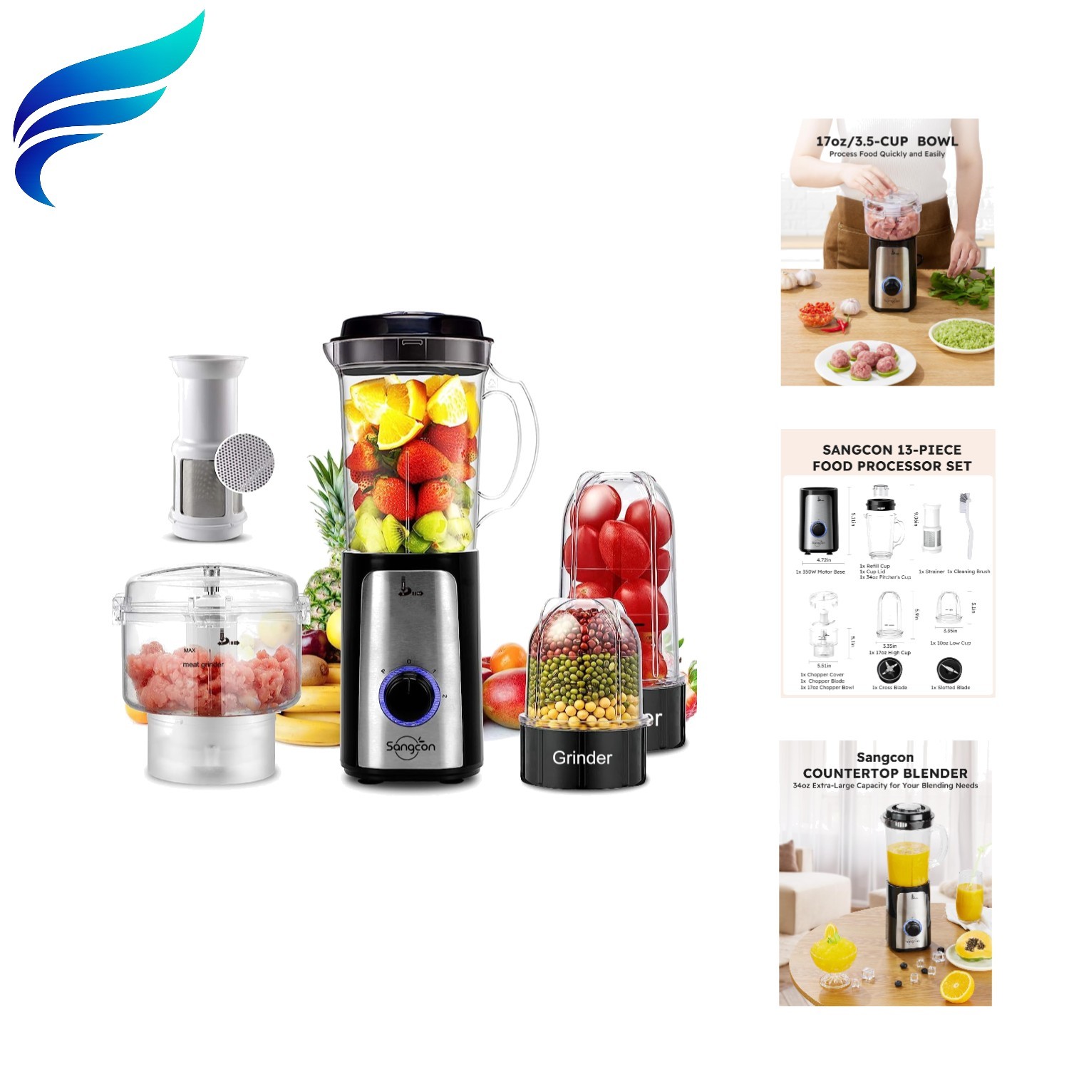 5 in 1 Blender and Food Processor Combo for Kitchen, Small E