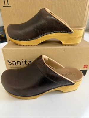 Sanita 55 Dark Brown Wood Oyster Open Embossed Leather Size 38 New In Box