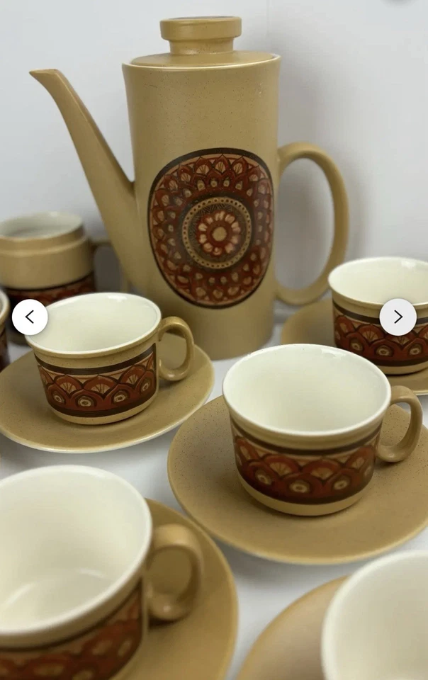 Lord Nelson Pottery 1970s Vintage Coffee Set 6 Cups Saucers Milk Jug Sugar Bowl - Image 3 of 4