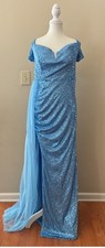Light Blue Sequin Ruched Off-Shoulder Gown with Tulle Drape Elegant Evening or