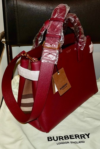 BURBERRY MEDIUM BANNER BURGUNDY LEATHER CHECK CANVAS SHOULDER TOTE BAG New