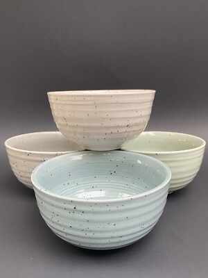4 Sango Siterra Dessert Rice Bowls 4.75 Speckled Stoneware Ivory Gray Green Blue