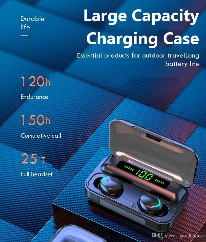 AURICOLARI BLUETOOTH 5.2 CUFFIE UNIVERSALI SENZA FILI WIRELESS SPORT POWERBANK - Immagine 3 di 4