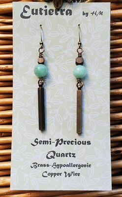 Eutierra Semi-Precious Sea Foam BL Quartz Earrings Hand Crafted USA Brass 2 1/2''
