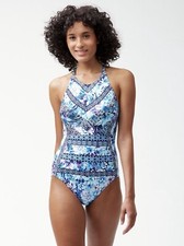New Tommy Bahama Aqua Petals High Neck One Piece Boho Swimsuit Blue Floral Sz 6