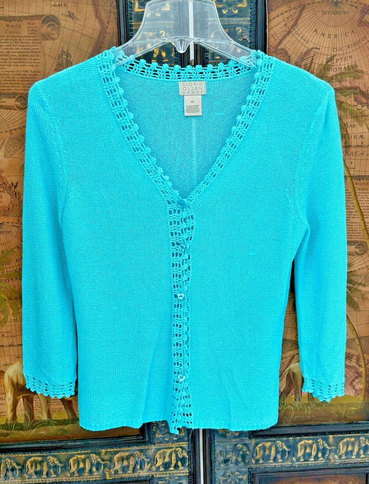 SIGRID OLSEN SPORT Light Blue Lace Trim Button Front 3/4 Sleeve Sweater XS-image