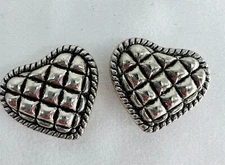 2 Vintage Heart Quilt-Look Silver Toned Button Covers 1"