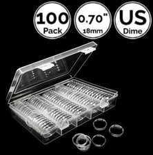 100 Pack 0.70 IN 18.0 mm Coin Capsule Holders w/ Storage Case Direct For US Dime