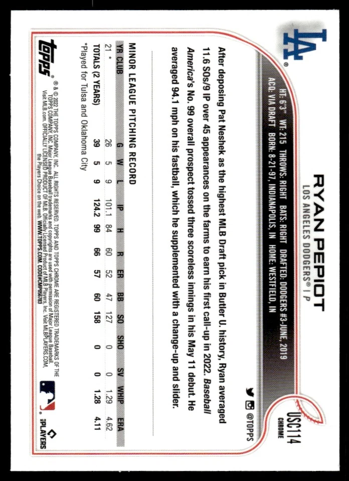 2022 Topps Chrome Update PURPLE REFRACTOR Ryan Pepiot Rookie Los Angeles Dodgers - Image 2 of 2