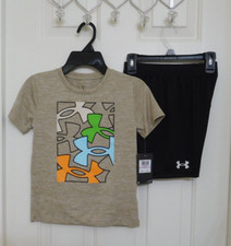NWT 2pc Under Armour Khaki Shirt Colorful Logo Black Shorts Set sz 6
