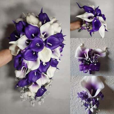 Purple Ivory White Calla Lily Bridal Wedding Bouquet Accessories