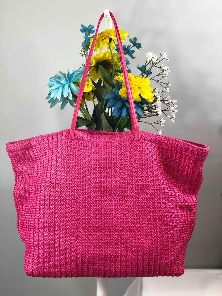 VERA BRADLEY Pixie Confetti Palm Trees Hot Pink Large Straw Beach